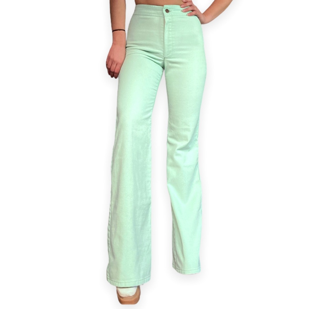 Vintage 70s High Rise Bell Bottom Jeans in Mint Green Pastel 25” Waist